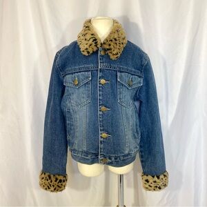 Vintage Rainforest Cafe Denim Jacket with Faux Fur Trim Size XS 5 6 Leopard